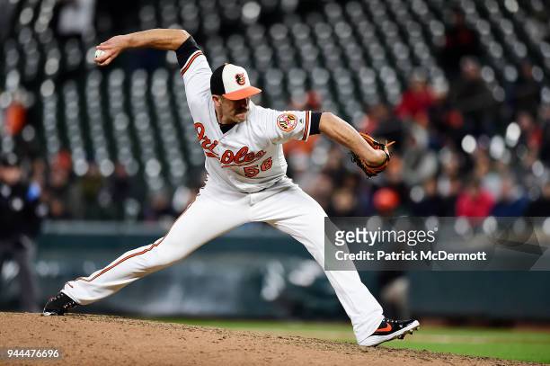 Darren O'Day of the Baltimore Orioles throws a pitch in the ninth inning against the Toronto Blue Jays at Oriole Park at Camden Yards on April 10,...