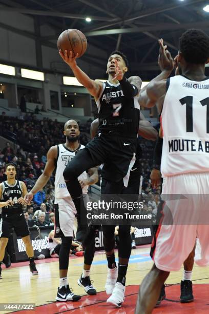 Olivier Hanlan of the Austin Spurs drives to the basket during the game against the Raptors 905 during Round Two of the NBA G-League playoffs on...