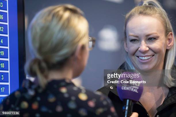 Single Gaze' jockey, Kathy O'Hara talks to the media about pulling the outside lane for the during The Championships Day 2 Barrier Draw at Royal...