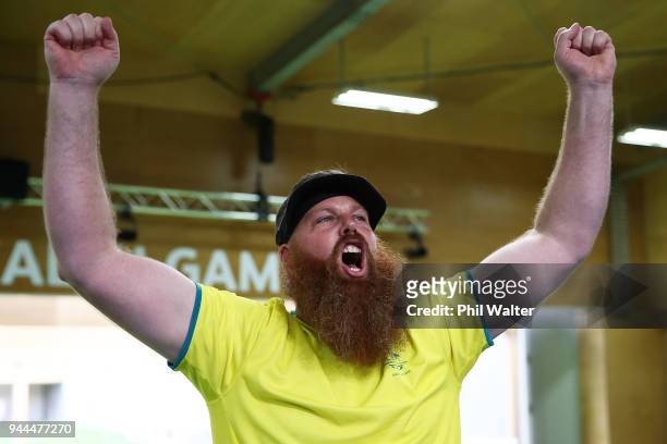 Daniel Repacholi of Australia celebrates victory in the Men's 50m Pistol Finals on day seven of the Gold Coast 2018 Commonwealth Games at Belmont...