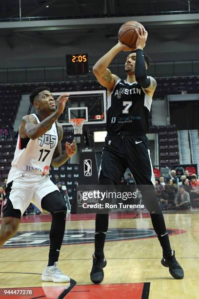 Olivier Hanlan of the Austin Spurs shoots the ball during the game against the Raptors 905 during Round Two of the NBA G-League playoffs on April 10,...