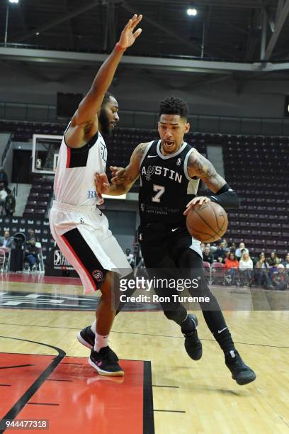 Olivier Hanlan of the Austin Spurs handles the ball during the game against the Raptors 905 during Round Two of the NBA G-League playoffs on April...