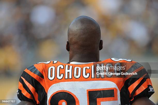 Wide receiver Chad Ochocinco of the Cincinnati Bengals looks on from the sideline during a game against the Pittsburgh Steelers at Heinz Field on...