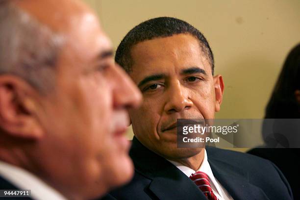 President Barack Obama meets with Lebanese President Michel Sleiman in the Oval Office of the White House December 14, 2009 in Washington, DC....