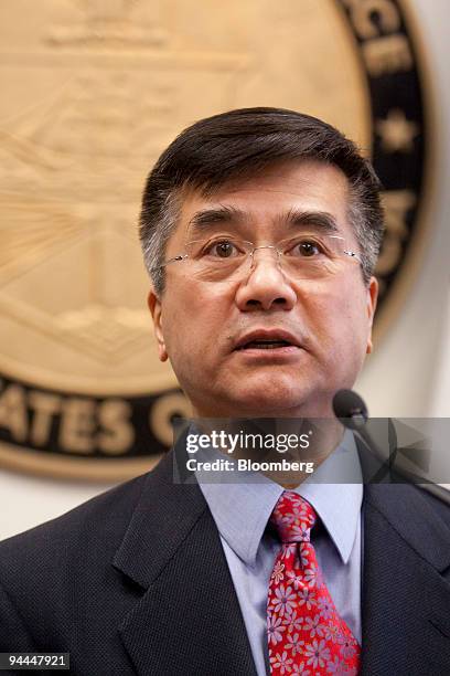 Gary Locke, U.S. Secretary of commerce, speaks during a news conference with William "Bill" Ford, chairman of Ford Motor Co., in Washington, D.C.,...