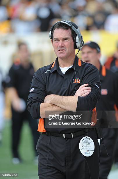 Defensive coordinator Mike Zimmer of the Cincinnati Bengals looks on from the sideline during a game against the Pittsburgh Steelers at Heinz Field...