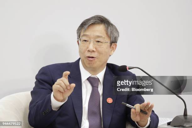Yi Gang, governor of the People's Bank of China , speaks during a panel discussion at the Boao Forum for Asia Annual Conference in Boao, China, on...