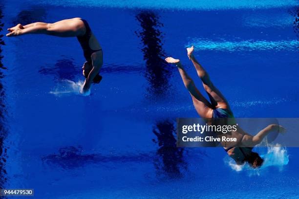 Maddison Keeney and Anabelle Smith of Australia compete in the Women's Synchronised 3m Springboard Diving Final on day seven of the Gold Coast 2018...