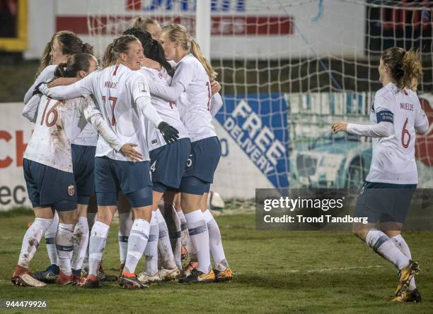 Isabell Herlovsen, Guro Reiten, Kristine Minde, Ingrid S Engen, Kristine Leine, Maren Mjelde of Norway celebrates goal during 2019 FIFA Womens World...