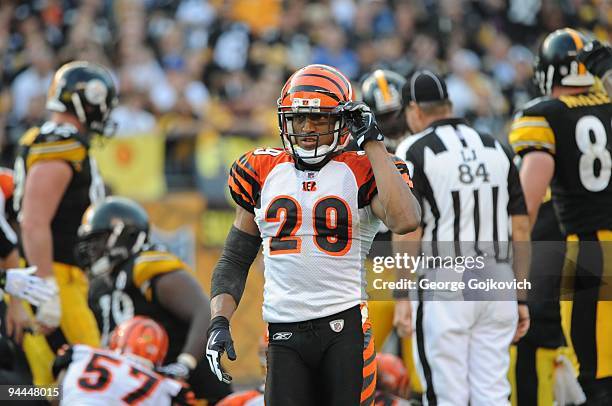 Cornerback Leon Hall of the Cincinnati Bengals looks on from the field during a game against the Pittsburgh Steelers at Heinz Field on November 15,...