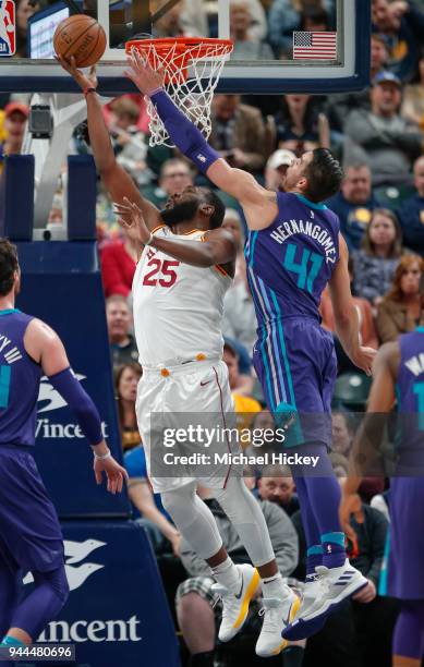 Al Jefferson of the Indiana Pacers shoots the ball against Willy Hernangomez of the Charlotte Hornets at Bankers Life Fieldhouse on March 15, 2018 in...