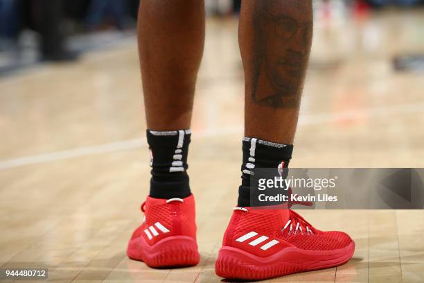 The sneakers of Taurean Prince of the Atlanta Hawks as seen during the game against the Philadelphia 76ers on April 10, 2018 at Philips Arena in...