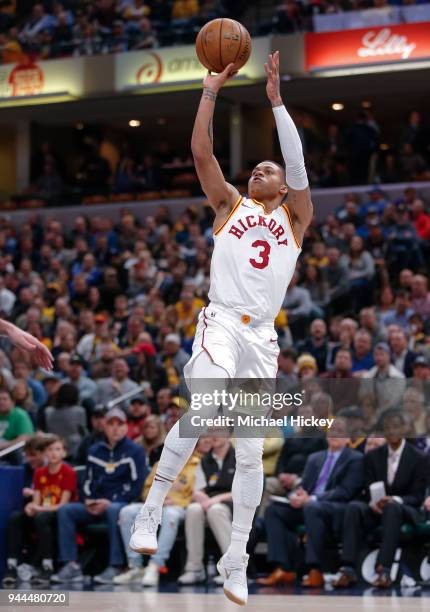 Joe Young of the Indiana Pacers shoots a jumper during the game against the Charlotte Hornets at Bankers Life Fieldhouse on March 15, 2018 in...