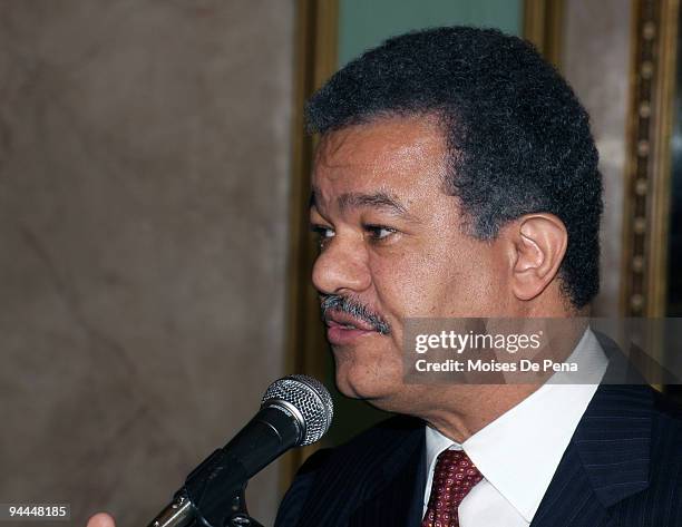 President of the Dominican Republic Leonel Fernandez speaks during the arrival of Latin American Idol winner Martha Heredia to the Presidential...