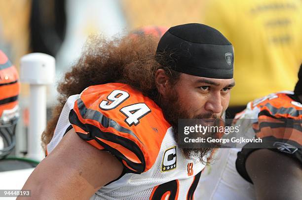 Defensive lineman Domato Peko of the Cincinnati Bengals looks on from the sideline during a game against the Pittsburgh Steelers at Heinz Field on...