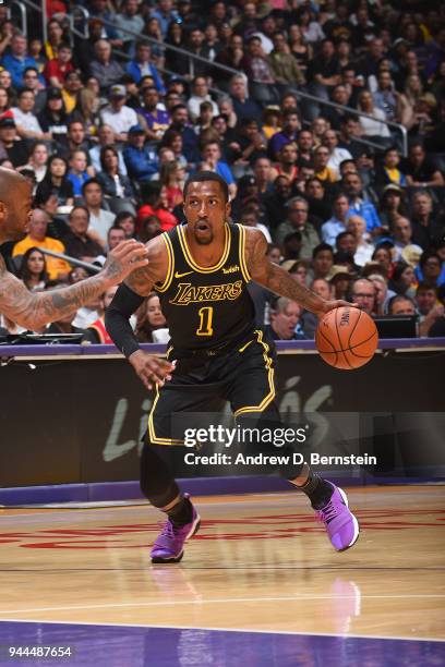 Kentavious Caldwell-Pope of the Los Angeles Lakers handles the ball against the Houston Rockets on April 10, 2017 at STAPLES Center in Los Angeles,...