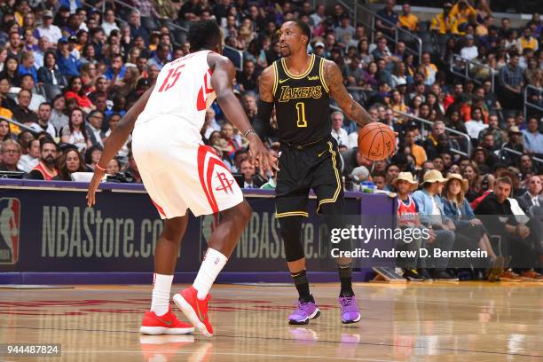 Kentavious Caldwell-Pope of the Los Angeles Lakers handles the ball against the Houston Rockets on April 10, 2017 at STAPLES Center in Los Angeles,...