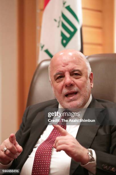 Iraqi Prime Minister Haider Al-Abadi speaks during the Asahi Shimbun interview on April 5, 2018 in Tokyo, Japan.