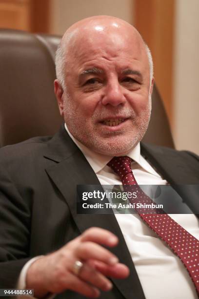 Iraqi Prime Minister Haider Al-Abadi speaks during the Asahi Shimbun interview on April 5, 2018 in Tokyo, Japan.