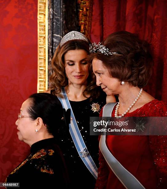 Princess Letizia of Spain , First Lady Tran Thi Kim Chi of Vietnam and Queen Sofia of Spain attend a Gala Dinner honouring Vietnam President at the...