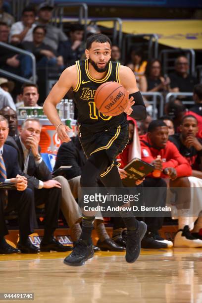 Tyler Ennis of the Los Angeles Lakers handles the ball against the Houston Rockets on April 10, 2017 at STAPLES Center in Los Angeles, California....