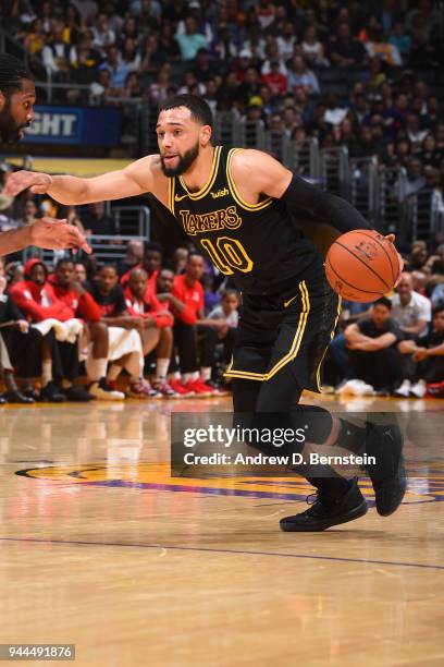 Tyler Ennis of the Los Angeles Lakers handles the ball against the Houston Rockets on April 10, 2017 at STAPLES Center in Los Angeles, California....