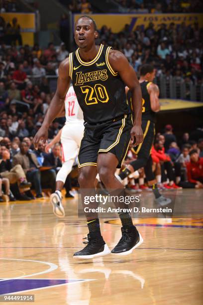 Andre Ingram of the Los Angeles Lakers handles the ball against the Houston Rockets on April 10, 2017 at STAPLES Center in Los Angeles, California....