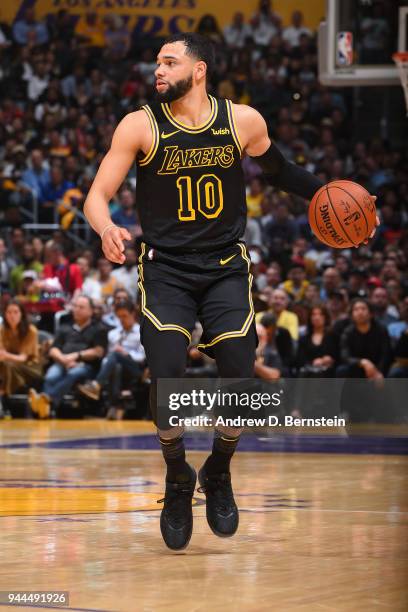 Tyler Ennis of the Los Angeles Lakers handles the ball against the Houston Rockets on April 10, 2017 at STAPLES Center in Los Angeles, California....