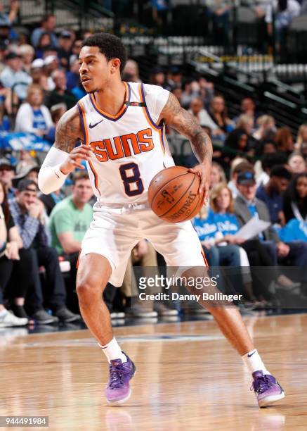 Tyler Ulis of the Phoenix Suns handles the ball during the game against the Dallas Mavericks on April 10, 2018 at the American Airlines Center in...