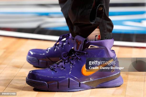 The sneakers worn by Devin Booker of the Phoenix Suns are seen during the game against the Dallas Mavericks on April 10, 2018 at the American...