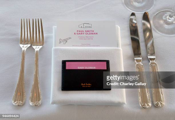 View of the table and menus at Paul Smith's intimate dinner with Gary Oldman at Chateau Marmont on April 10, 2018 in Los Angeles, California.
