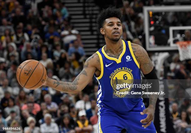 Nick Young of the Golden State Warriors passes the ball in the second half of a game against the Utah Jazz at Vivint Smart Home Arena on April 10,...