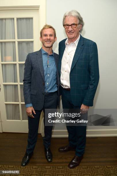 Dominic Monaghan and Paul Smith, wearing Paul Smith, attend Paul Smith's intimate dinner with Gary Oldman at Chateau Marmont on April 10, 2018 in Los...