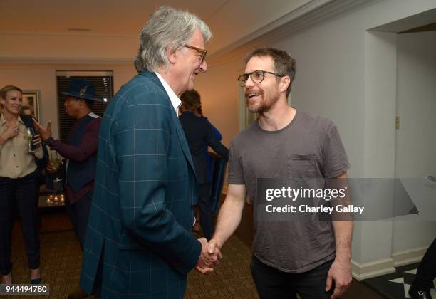 Paul Smith and Sam Rockwell, wearing Paul Smith, attend Paul Smith's intimate dinner with Gary Oldman at Chateau Marmont on April 10, 2018 in Los...