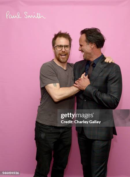 Sam Rockwell and Walton Goggins, wearing Paul Smith, attend Paul Smith's intimate dinner with Gary Oldman at Chateau Marmont on April 10, 2018 in Los...