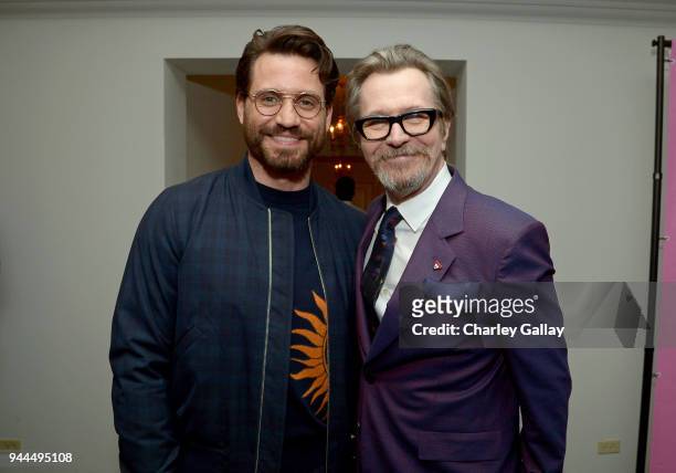 Edgar Ramirez and Gary Oldman, wearing Paul Smith, attend Paul Smith's intimate dinner with Gary Oldman at Chateau Marmont on April 10, 2018 in Los...