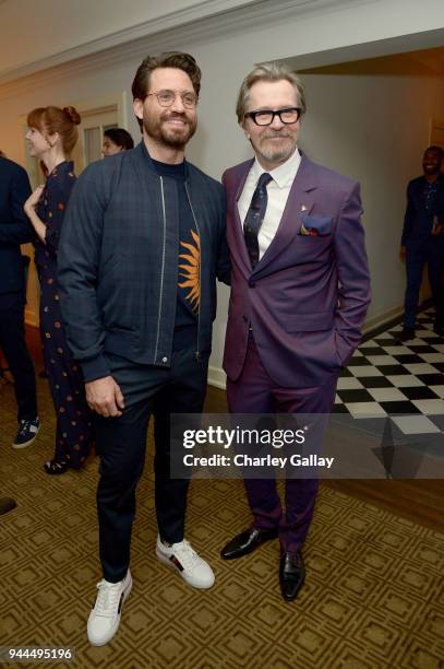 Edgar Ramirez and Gary Oldman, wearing Paul Smith, attend Paul Smith's intimate dinner with Gary Oldman at Chateau Marmont on April 10, 2018 in Los...