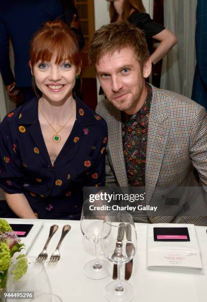 Susie Hariet and Dan Stevens, wearing Paul Smith, attend Paul Smith's intimate dinner with Gary Oldman at Chateau Marmont on April 10, 2018 in Los...