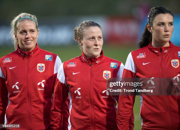 Elise Thorsnes, Isabell Herlovsen, Ingrid S Engen of Norway before 2019 FIFA Womens World Championship Qualifier between Northern Ireland v Norway on...