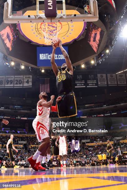 Julius Randle of the Los Angeles Lakers shoots the ball against the Houston Rockets on April 10, 2017 at STAPLES Center in Los Angeles, California....