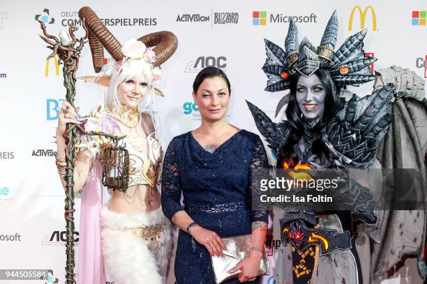 Lina van de Mars with cosplayer during the German Computer Games Award 2018 at Kesselhaus on April 10, 2018 in Munich, Germany.