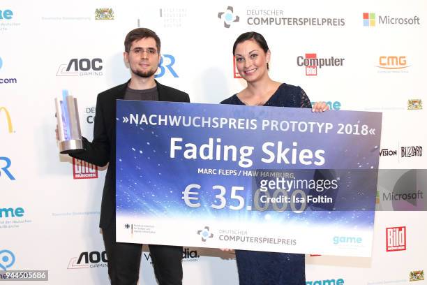 Lina van de Mars with the award winner 'Nachwuchspreis Prototyp' during the German Computer Games Award 2018 at Kesselhaus on April 10, 2018 in...
