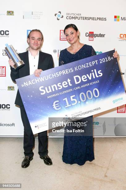 Lina van de Mars with the award winner 'Nachwuchspreis Konzept' during the German Computer Games Award 2018 at Kesselhaus on April 10, 2018 in...