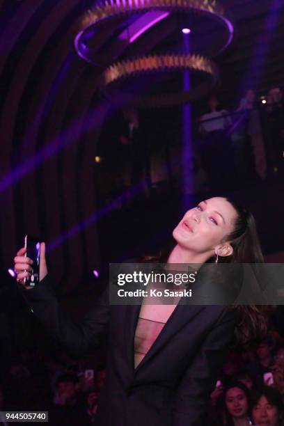 Model Bella Hadid attends the Dior Addict Lacquer Plump Party at 1 OAK on April 10, 2018 in Tokyo, Japan.