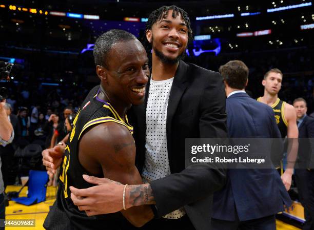 Andre Ingram and Brandon Ingram of the Los Angeles Lakers hug each other after the game against the Houston Rockets on April 10, 2018 at STAPLES...