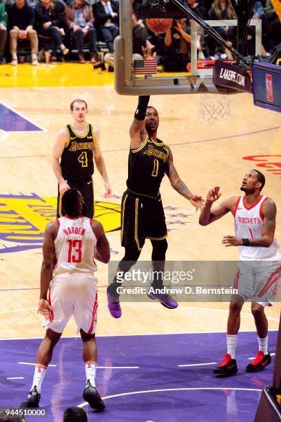 Kentavious Caldwell-Pope of the Los Angeles Lakers shoots the ball against the Houston Rockets on April 10, 2017 at STAPLES Center in Los Angeles,...