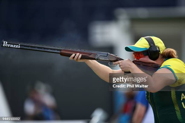 Emma Cox of Australia competes during the Women's Double Trap Finals on day seven of the Gold Coast 2018 Commonwealth Games at Belmont Shooting...