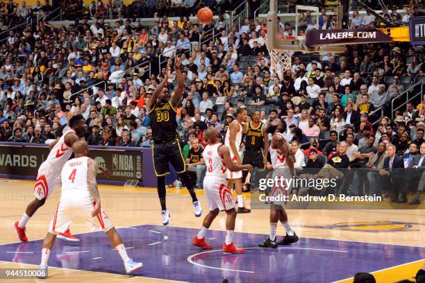 Julius Randle of the Los Angeles Lakers shoots the ball against the Houston Rockets on April 10, 2017 at STAPLES Center in Los Angeles, California....