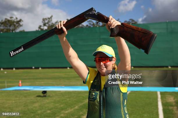 Silver medalist Emma Cox of Australia celebrates following the Women's Double Trap Finals on day seven of the Gold Coast 2018 Commonwealth Games at...