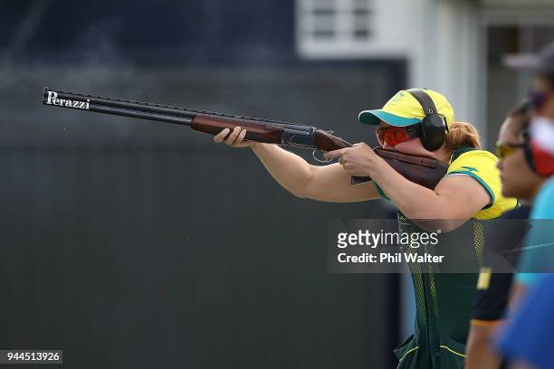 Emma Cox of Australia competes during the Women's Double Trap Finals on day seven of the Gold Coast 2018 Commonwealth Games at Belmont Shooting...